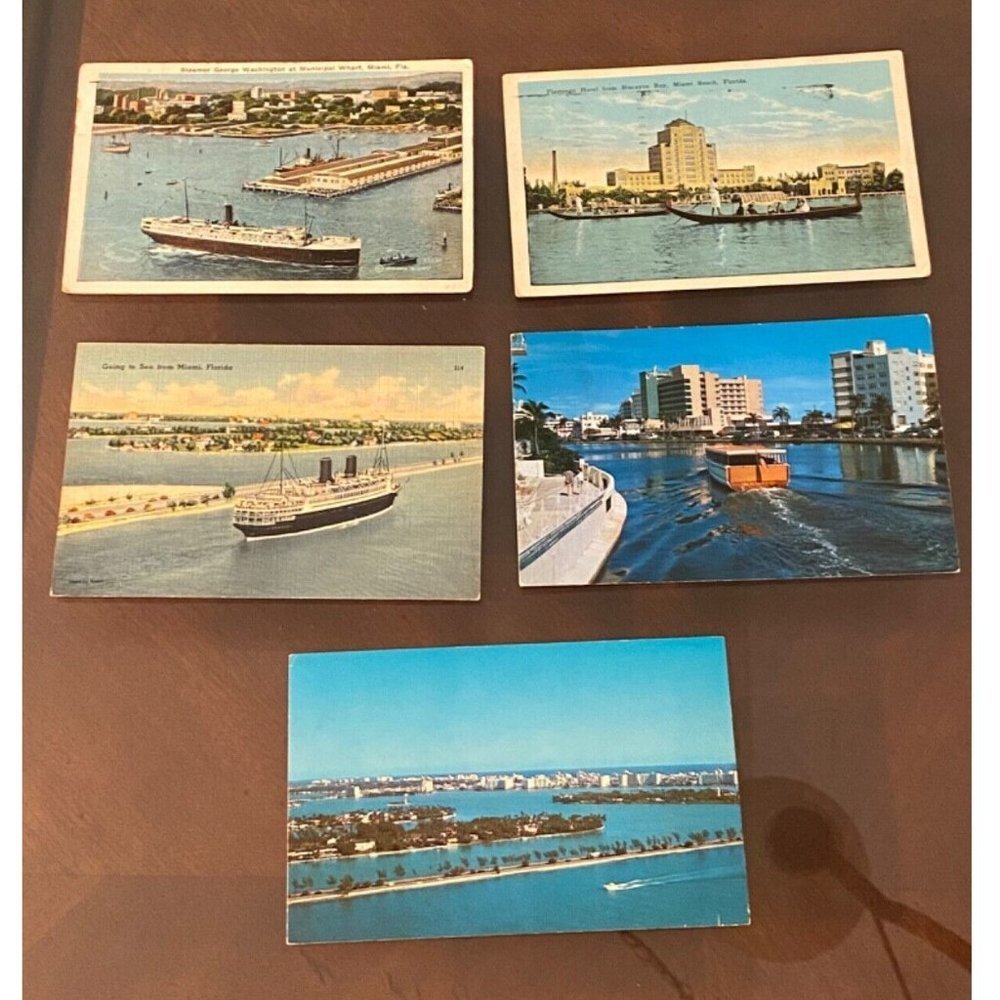 Vtg Miami FL Postcards Ships Water Views Lot of 5 Flamingo Hotel‎ 1942 Free Post